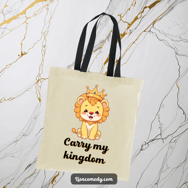 Funny lion cub tote bag, depicting a cheerful cub balancing a crown, perfect for carrying royal essentials with playful charm.