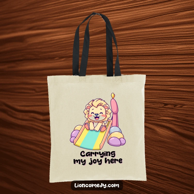 Funny Tote Bag: A tiny lion gleefully slides down a vibrant rainbow, bringing smiles. A stylish and humorous accessory for everyday use.