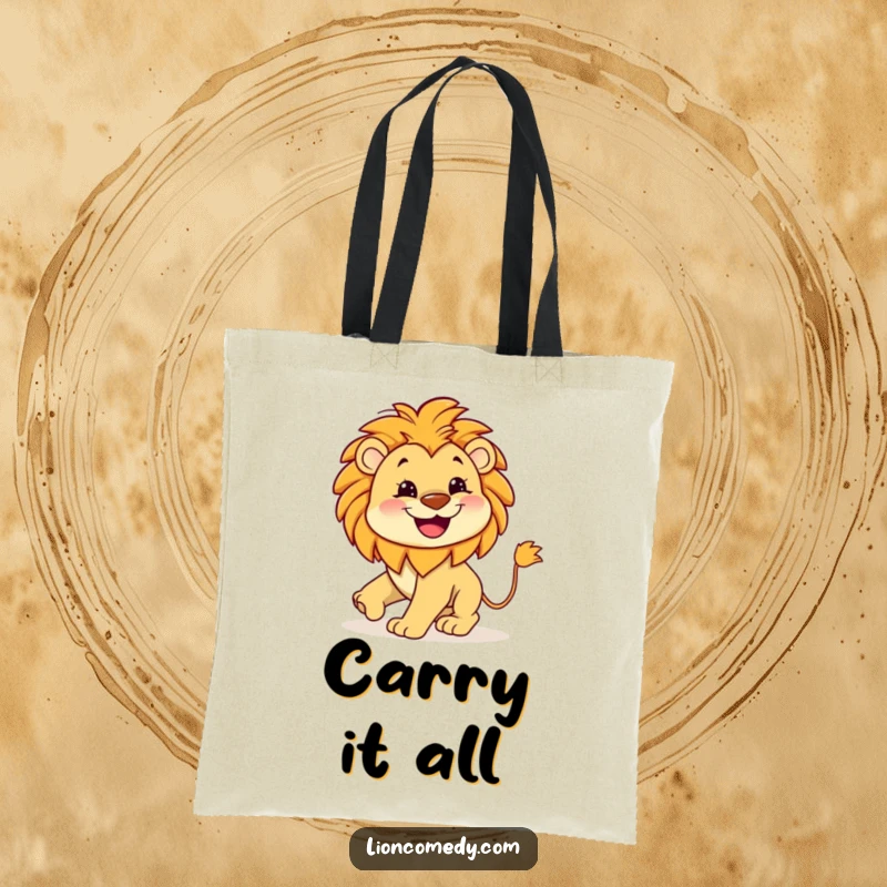 Funny Lion Tail Tote Bag showing a kawaii lion with a wide grin, hilariously chasing its own tail, perfect for shopping with humor.