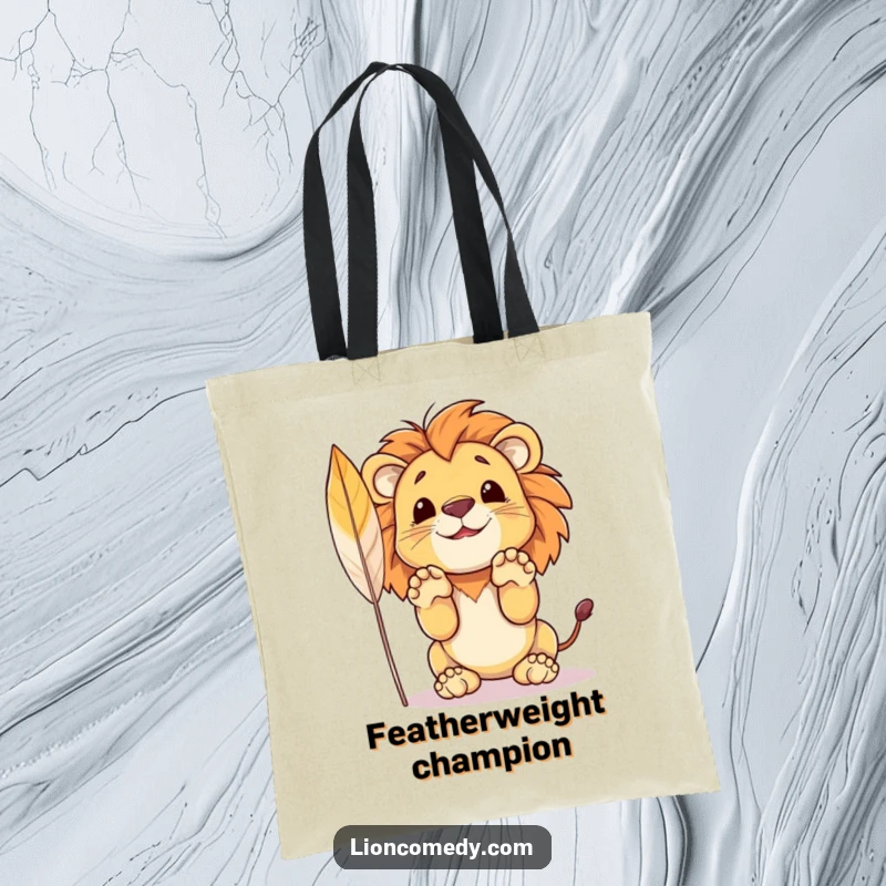 Funny tote bag featuring a small lion cub in a playful stance, paws ready to leap onto a fluffy feather.