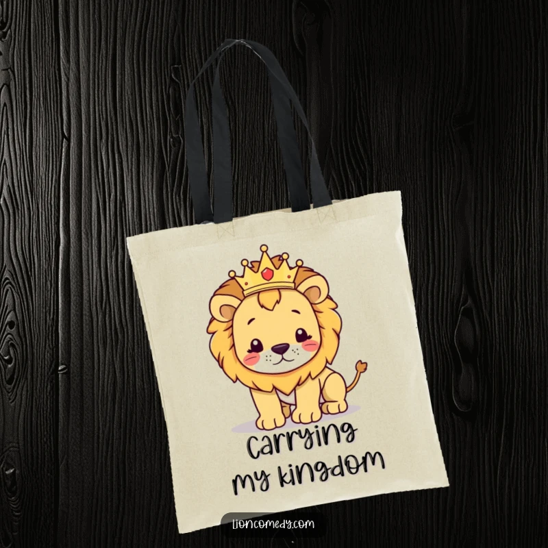 Funny kawaii lion tote bag showing a cute crowned lion attempting regality before a hilarious, clumsy stumble.