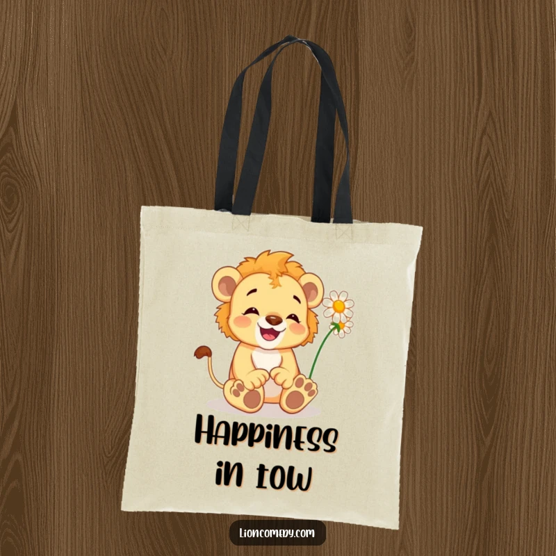Funny Lion Cub Tote Bag: A delighted cub wiggles its toes, tickled by a daisy, perfect for carrying happy thoughts.