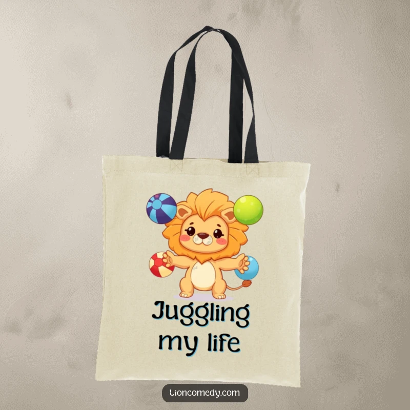Funny kawaii lion tote bag showing a determined cub skillfully juggling three colorful balls, perfect for carrying daily items.