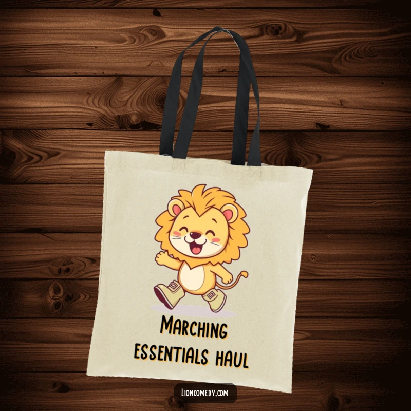 Funny kawaii lion wearing tiny boots, marching with exaggerated enthusiasm, a charming and practical tote for daily adventures.