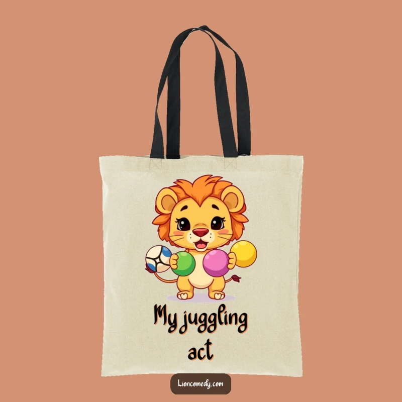 Carry your essentials with focus and flair using this funny tote bag featuring a determined kawaii lion juggling!