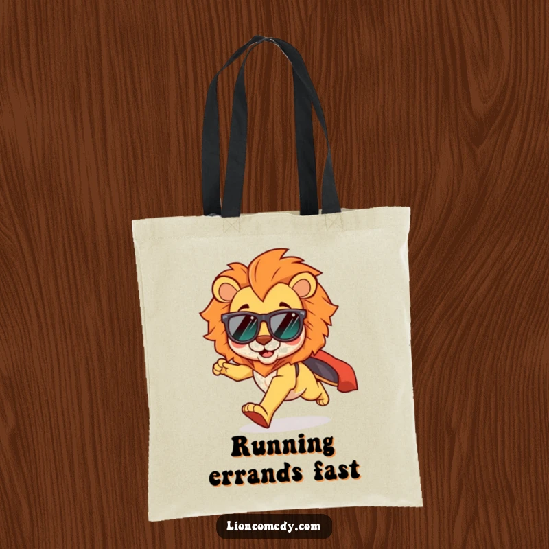 Funny kawaii lion tote bag featuring a cool lion in shades, running excitedly with a cape flowing, perfect for carrying essentials.