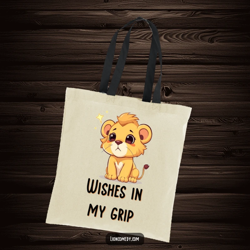 Funny lion cub tote bag, depicting a surprised cub watching a shooting star, perfect for carrying dreams and essentials in style.